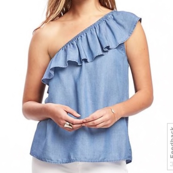 Old Navy Tops - Old Navy One Shoulder Ruffle Blouse Chambray XS Blue
